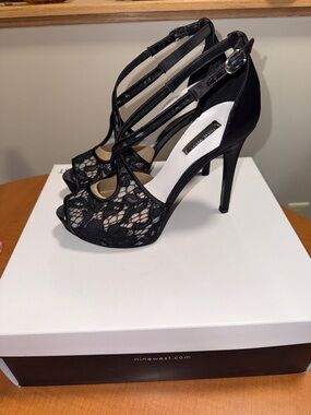 Nine West Black Lace Strappy Peep-Toe Stiletto Heels